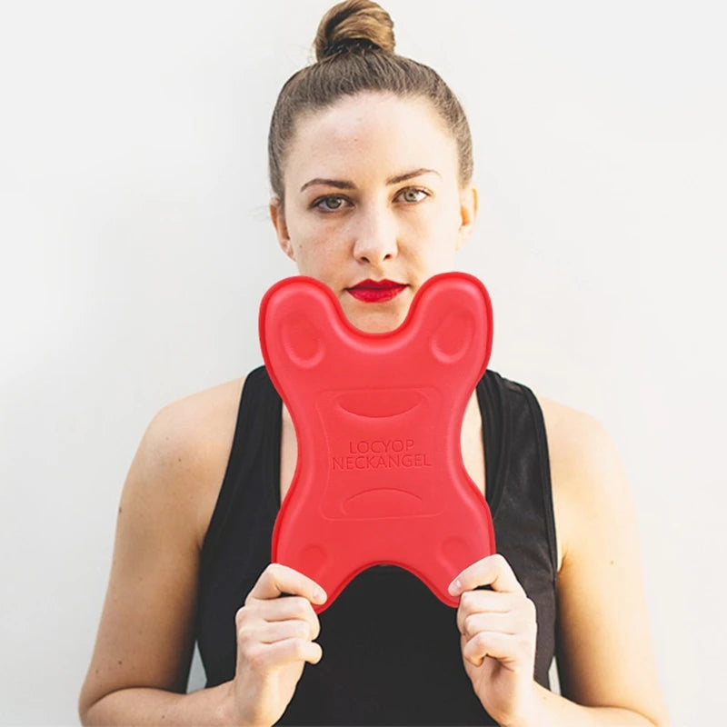 NeckHarmony Comfort Pillow in red and gray, designed for neck and shoulder pain relief with soft, supportive foam. Features ergonomic design for soothing relaxation and versatile use during travel, work, or leisure.