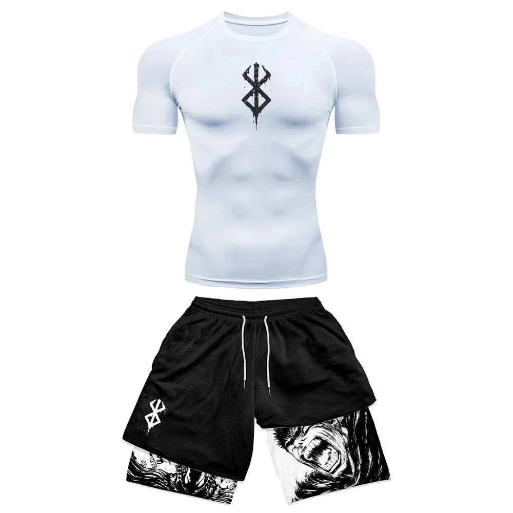 SwiftFit Compression Set for men featuring a quick-dry shirt and gym shorts. Ideal for workouts, running, and training, with breathable fabric and compression support for enhanced performance.