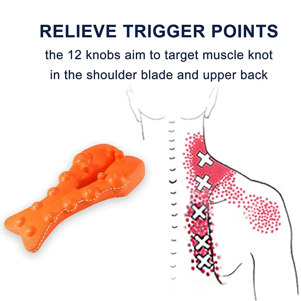 Trapezius Trigger Point Massager with orange EVA material, ergonomic bone-shaped design for neck, shoulder, and back pain relief. Perfect for posture correction and tension headaches.