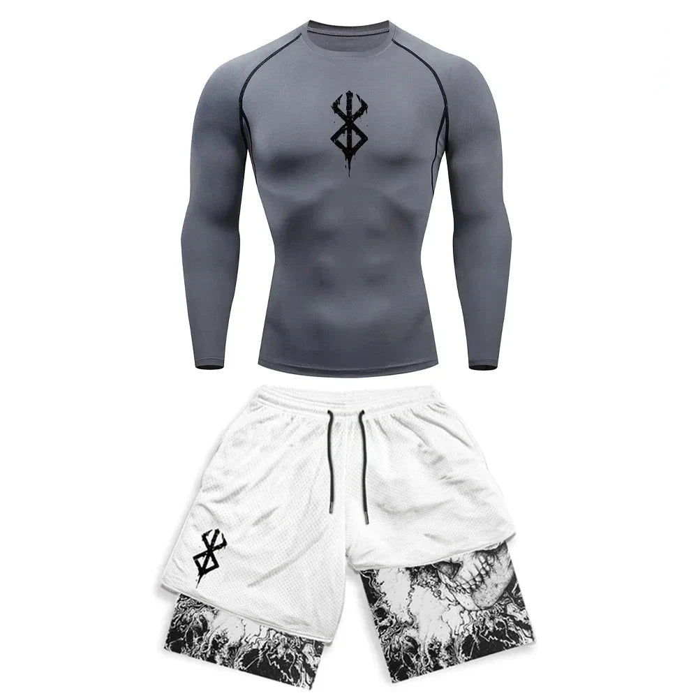 SwiftFit Compression Set for men featuring a quick-dry shirt and gym shorts. Ideal for workouts, running, and training, with breathable fabric and compression support for enhanced performance.