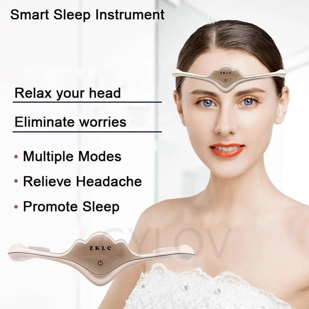 SereneSleep Smart Massager in white with electric pulse therapy features, designed to relieve migraines, improve sleep quality, and reduce stress. Compact and easy to use for deep relaxation.
