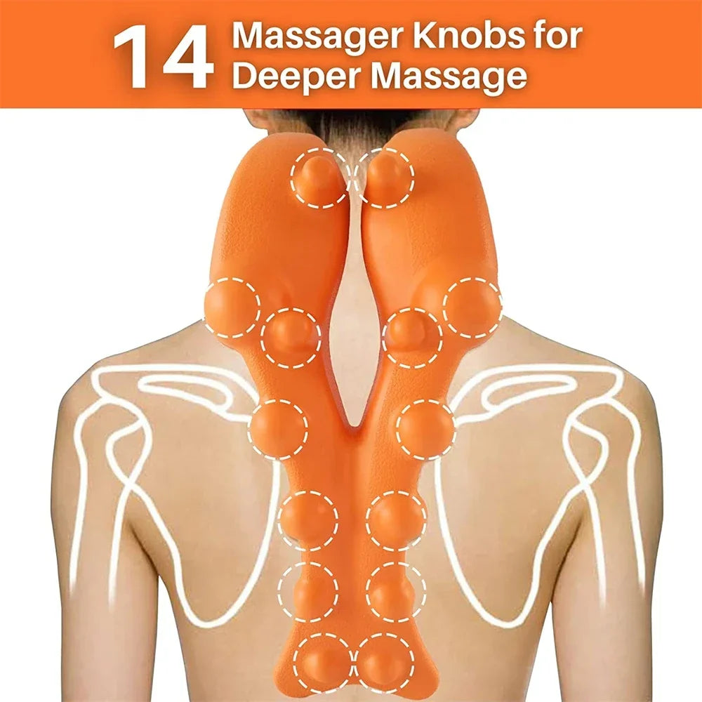 Trapezius Trigger Point Massager with orange EVA material, ergonomic bone-shaped design for neck, shoulder, and back pain relief. Perfect for posture correction and tension headaches.