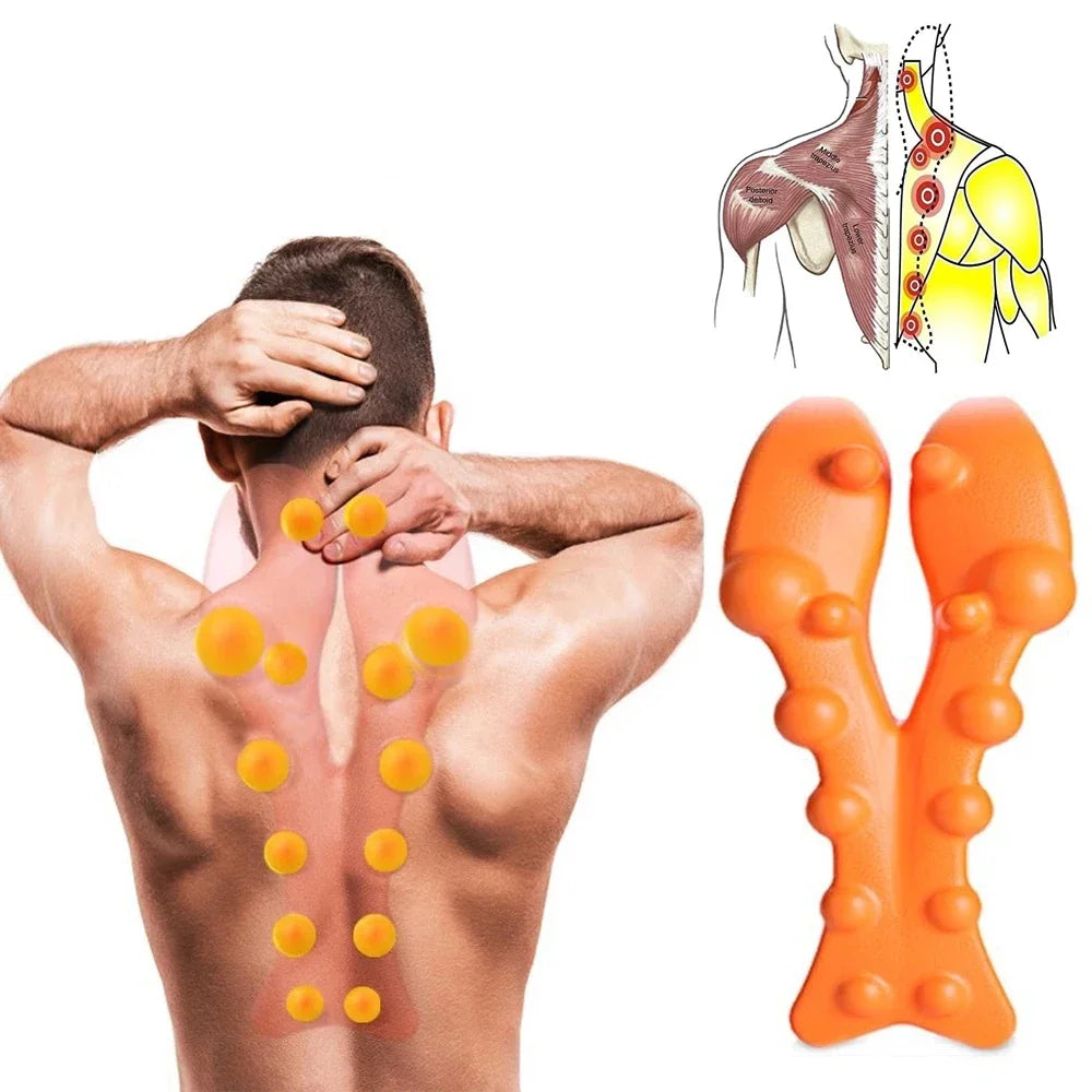 Trapezius Trigger Point Massager with orange EVA material, ergonomic bone-shaped design for neck, shoulder, and back pain relief. Perfect for posture correction and tension headaches.

