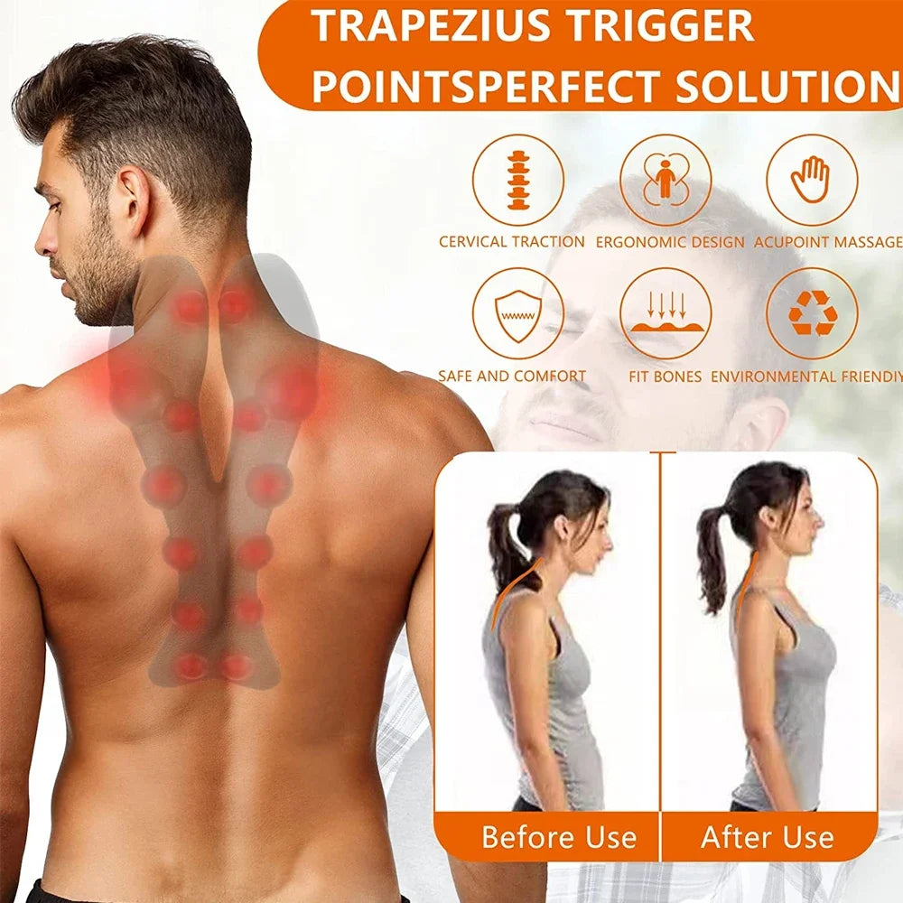 Trapezius Trigger Point Massager with orange EVA material, ergonomic bone-shaped design for neck, shoulder, and back pain relief. Perfect for posture correction and tension headaches.

