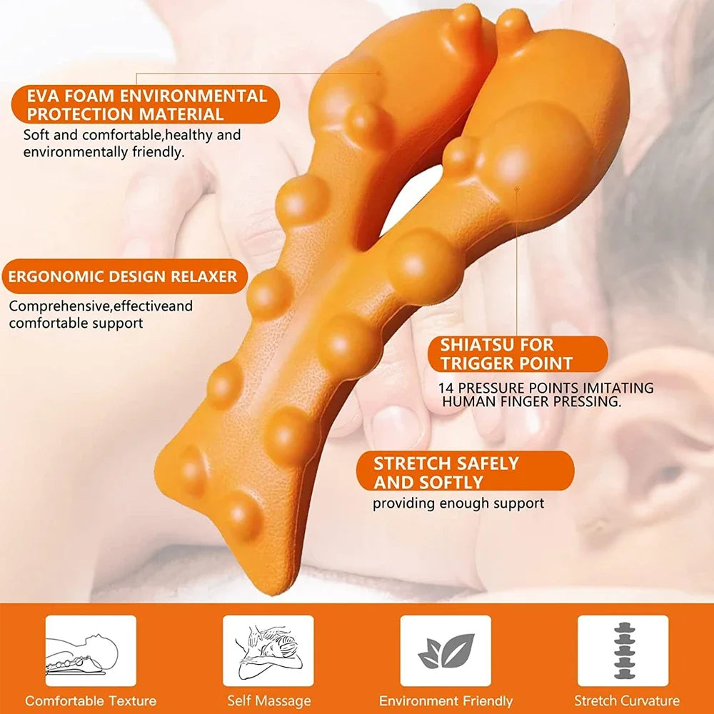 Trapezius Trigger Point Massager with orange EVA material, ergonomic bone-shaped design for neck, shoulder, and back pain relief. Perfect for posture correction and tension headaches.

