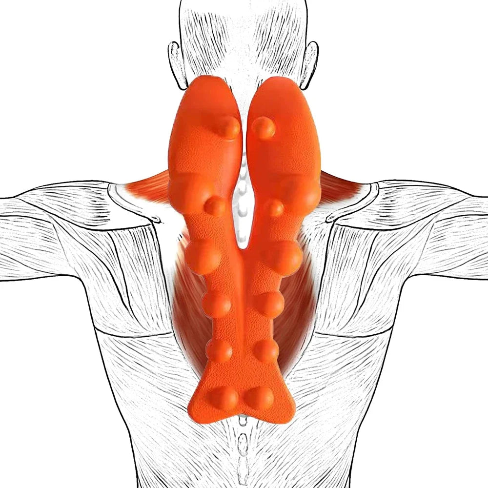 Trapezius Trigger Point Massager with orange EVA material, ergonomic bone-shaped design for neck, shoulder, and back pain relief. Perfect for posture correction and tension headaches.

