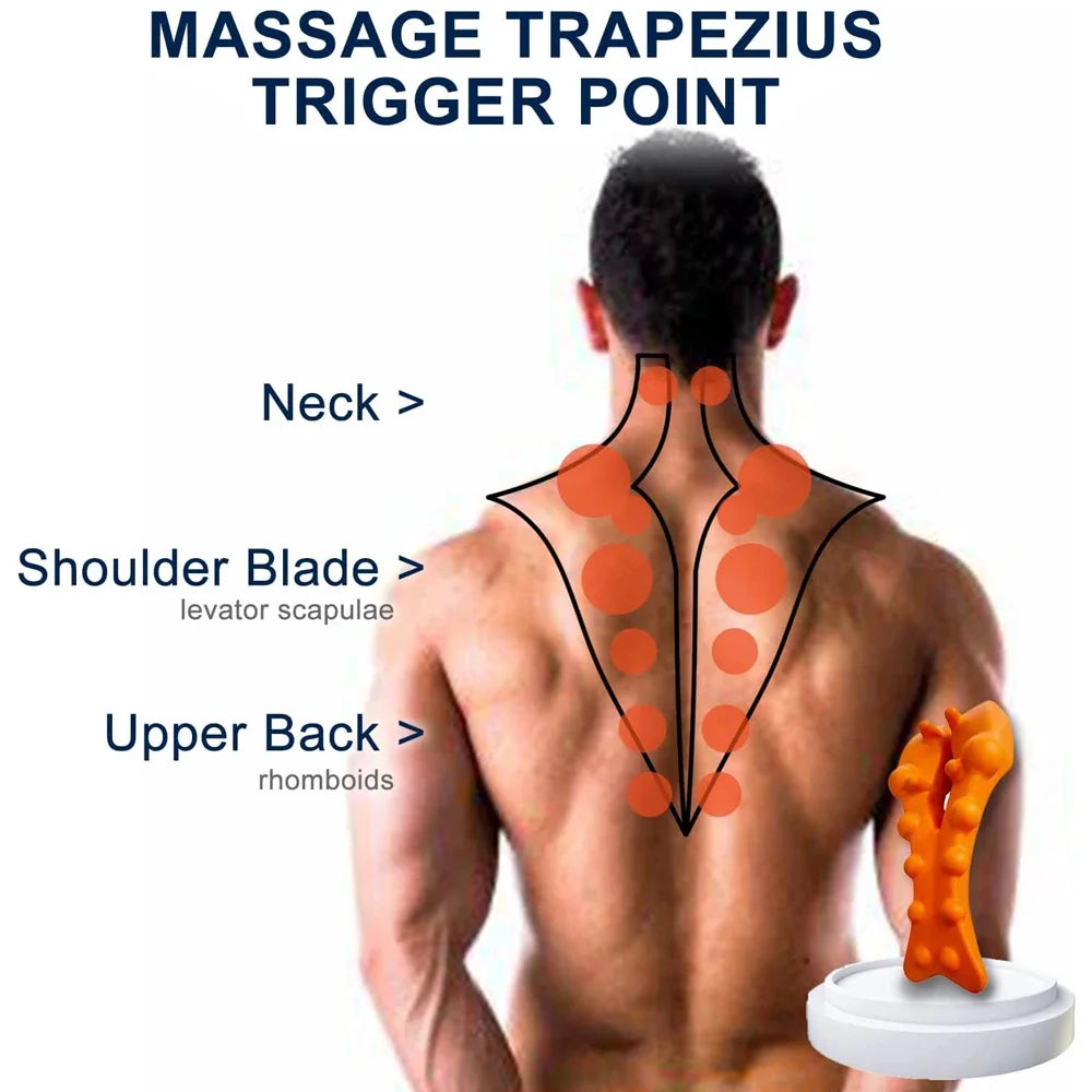 Trapezius Trigger Point Massager with orange EVA material, ergonomic bone-shaped design for neck, shoulder, and back pain relief. Perfect for posture correction and tension headaches.

