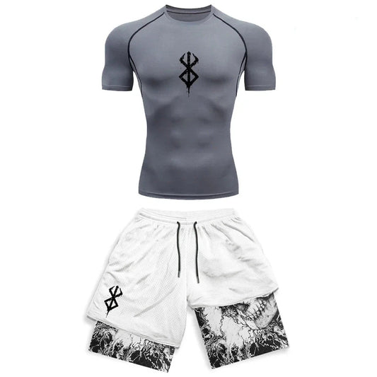 SwiftFit Compression Set for men featuring a quick-dry shirt and gym shorts. Ideal for workouts, running, and training, with breathable fabric and compression support for enhanced performance.