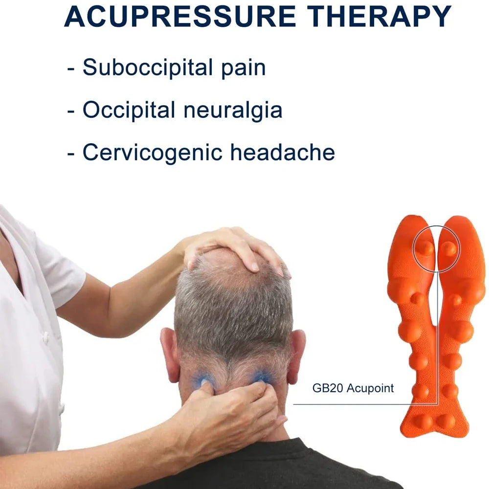 Trapezius Trigger Point Massager with orange EVA material, ergonomic bone-shaped design for neck, shoulder, and back pain relief. Perfect for posture correction and tension headaches.

