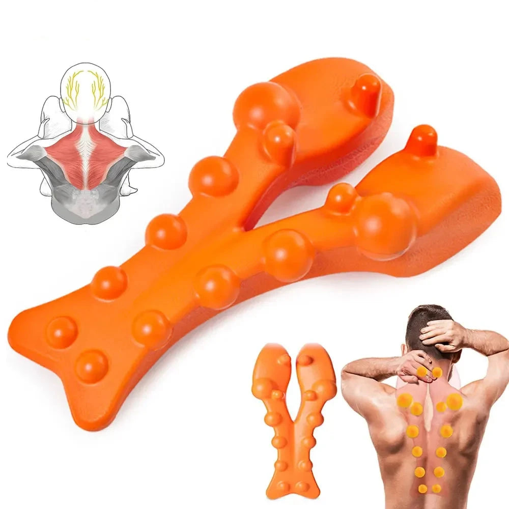 Trapezius Trigger Point Massager with orange EVA material, ergonomic bone-shaped design for neck, shoulder, and back pain relief. Perfect for posture correction and tension headaches.